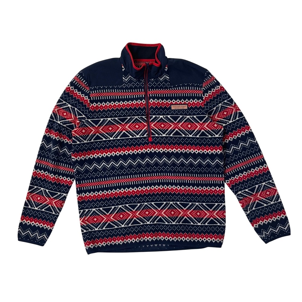 Vineyard Vines Mens Fair Isle Fleece Quarter Zip Pullover Navy Red Geometric M